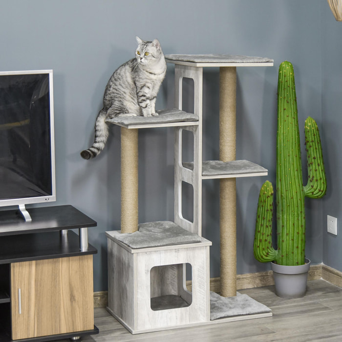 Árbol Rascador para Gatos 67x38,5x114 cm Torre de Escalada de Gatos con Cueva de Madera Múltiples Plataformas y Postes de Rascar de Yute Juego y Descanso Gris