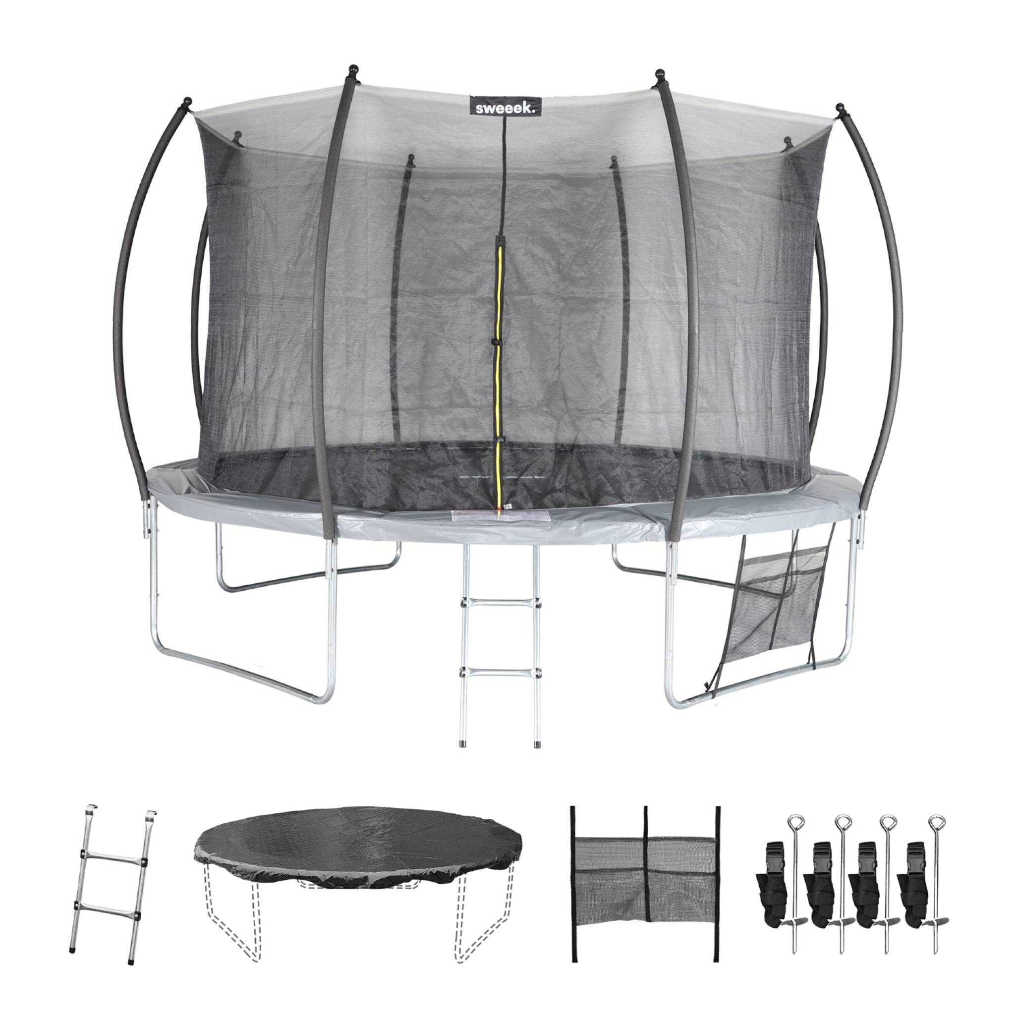 Trampoline rond Ø 370cm gris - Saturne Inner XXL – trampoline de jardin avec filet de protection intérieur. échelle. bâche. filet pour chaussures et kit d'ancrage