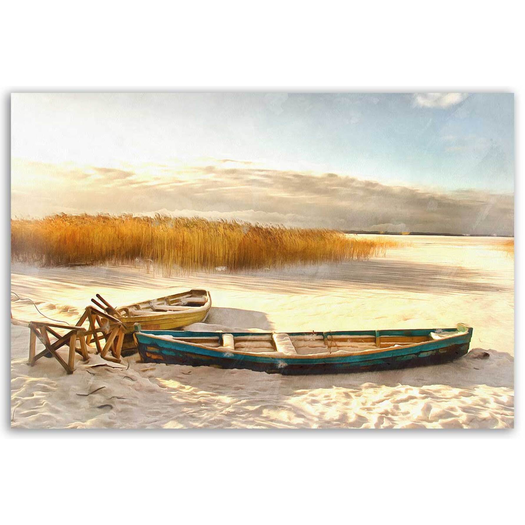 Tableau barques enneigées au lever doré Toile imprimée