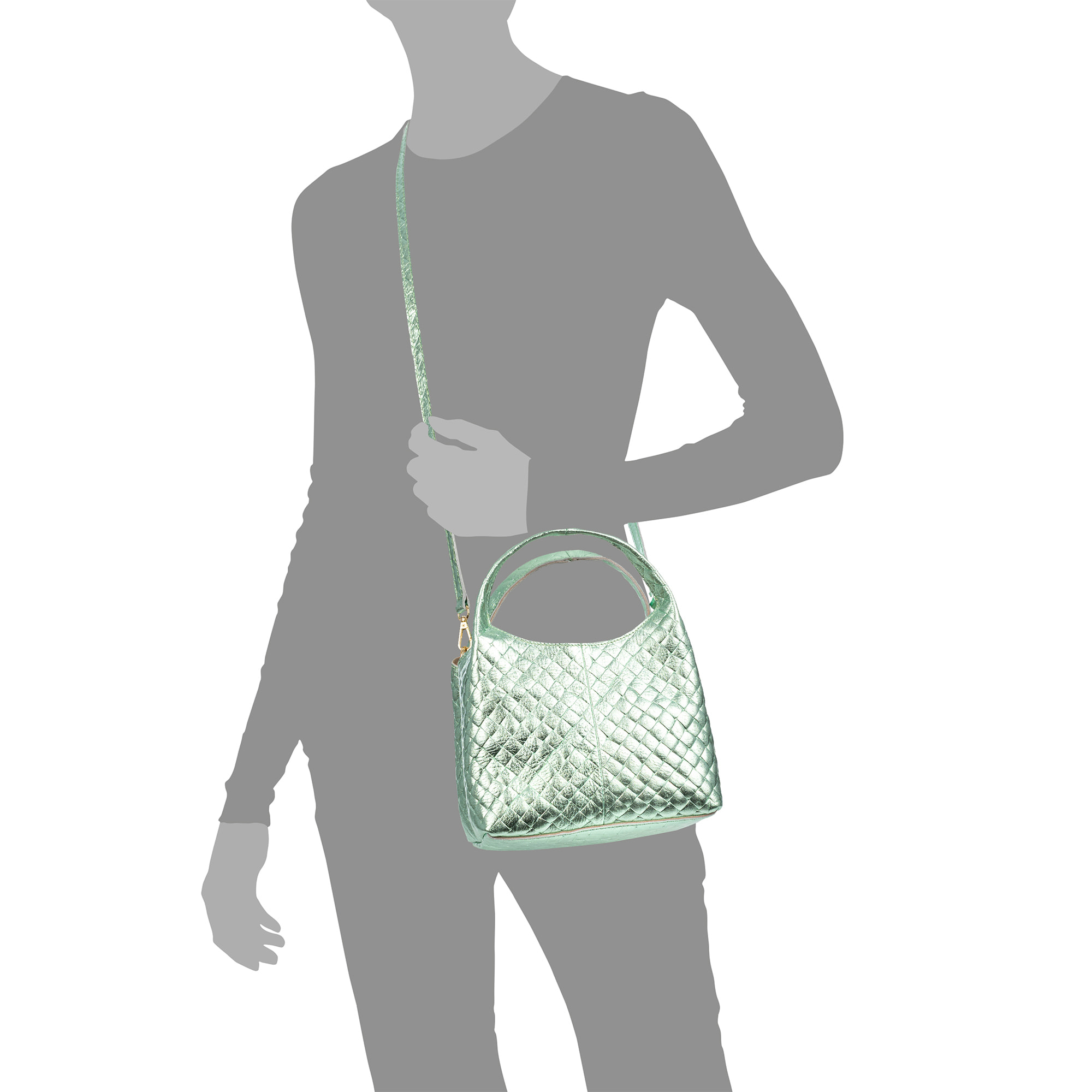 Aversa bolso bandolera mujer. Piel auténtica Gamuza con grabado entrelazado y lacada brillante.