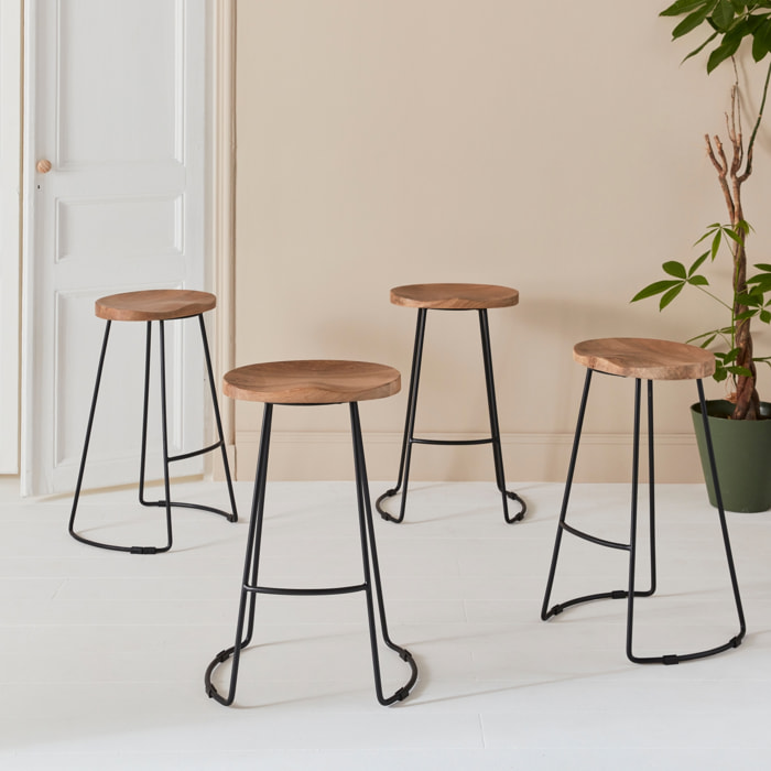 Tabouret de bar bois de manguier et acier 65cm avec repose pieds (lot de 4) JAYA