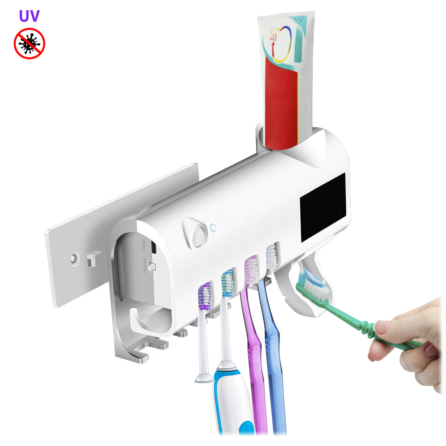 Esterilizador y soporte para 4 cepillos de dientes con dispensador de pasta dental. Panel solar.