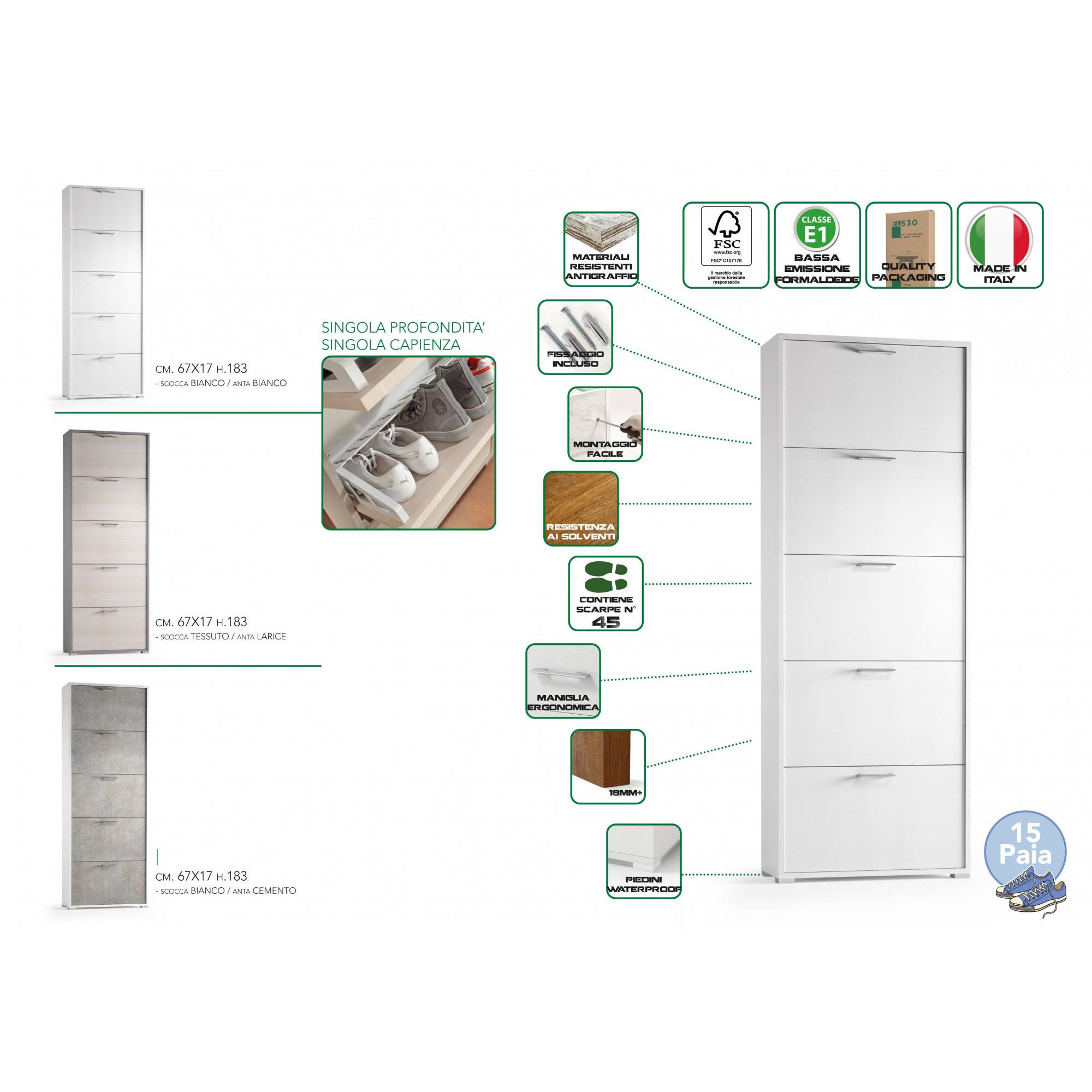 Scarpiera Margherita, Mobile multiuso da ingresso con 5 ante a ribalta, Armadietto portascarpe moderno, 100% Made in Italy, Cm 67x18h184, Larice