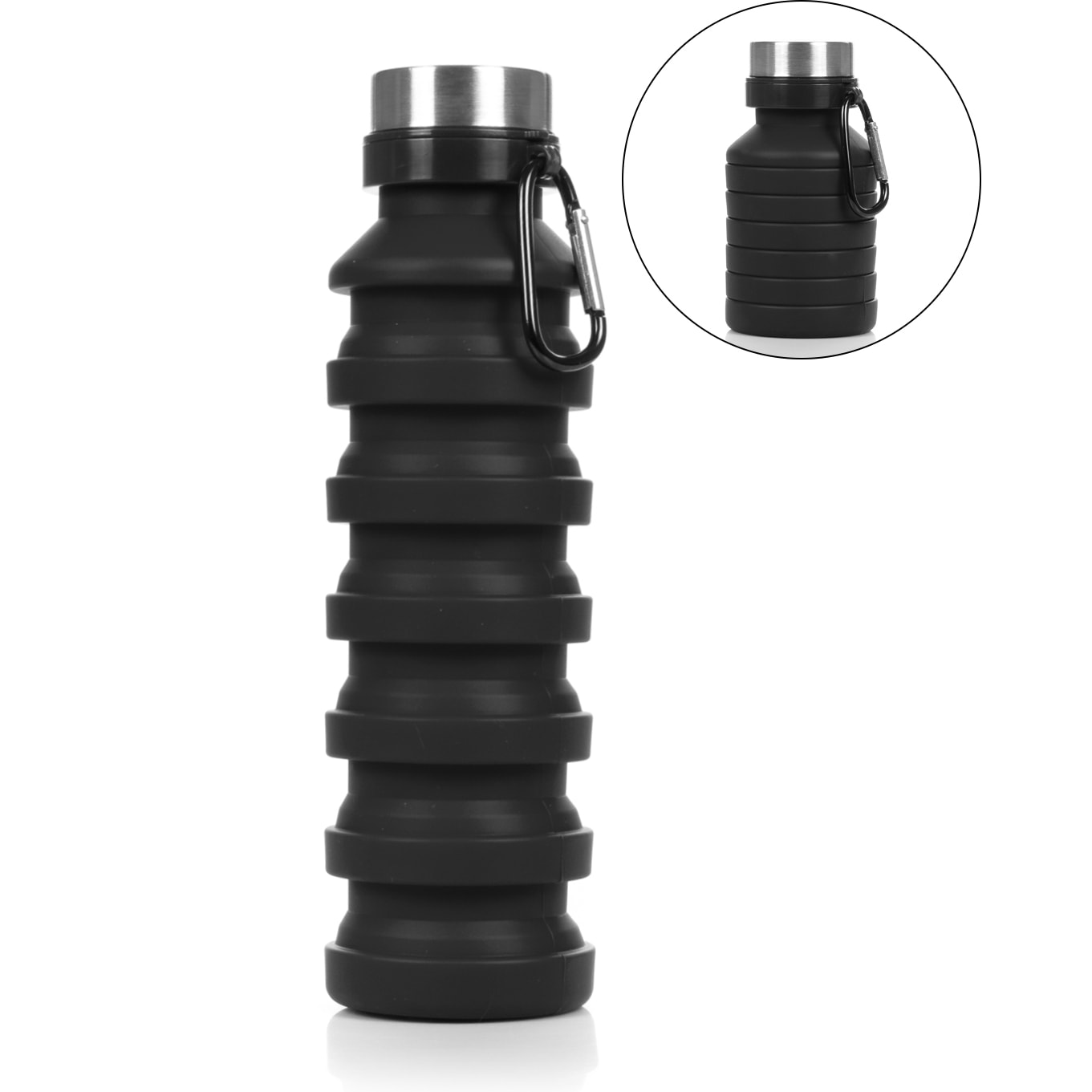 Bottiglia sportiva pieghevole in silicone. 470 a 550ml, priva di BPA, tappo a vite in acciaio inossidabile.