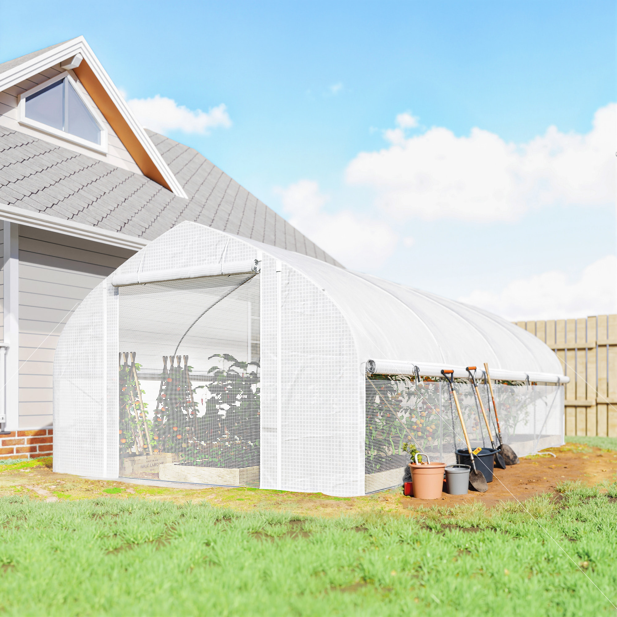 Invernadero de Exterior, 6x3x2 m, Invernadero de Túnel con 8 Ventanas, Cubierta de PE, Anti-UV y Puerta Enrollable con Cremallera, Paredes Laterales con Malla, para Cultivos, Plantas, Blanco