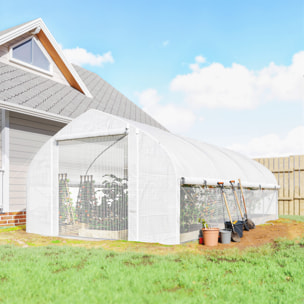 Invernadero de Exterior, 6x3x2 m, Invernadero de Túnel con 8 Ventanas, Cubierta de PE, Anti-UV y Puerta Enrollable con Cremallera, Paredes Laterales con Malla, para Cultivos, Plantas, Blanco