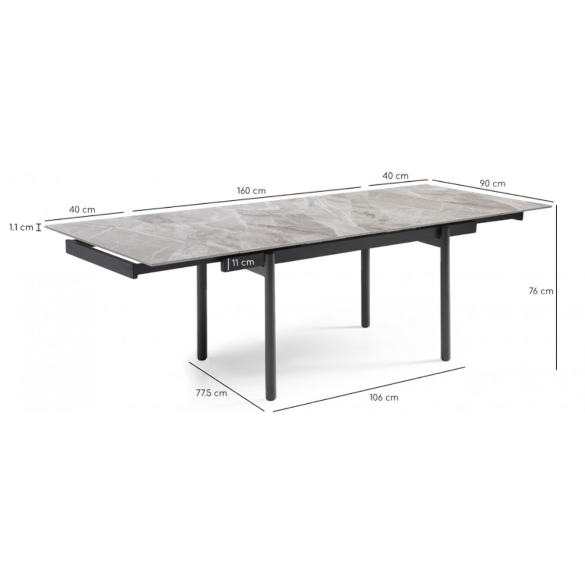 Table extensible en céramique gris brillant L160/240cm pieds métal - UNIK