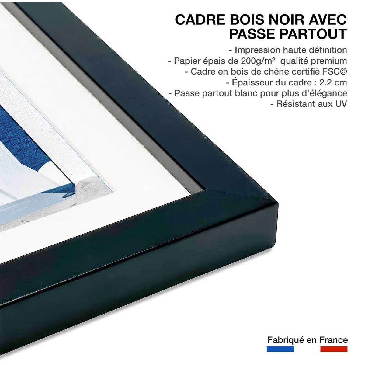 Poster porte bleue oia Affiche + cadre en bois - Noir