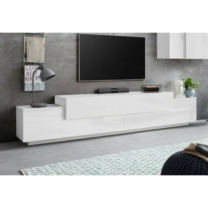 Mobile porta TV Tiche, Credenza bassa da soggiorno, Base porta televisione, 100% Made in Italy, cm 240x45h52, Bianco lucido