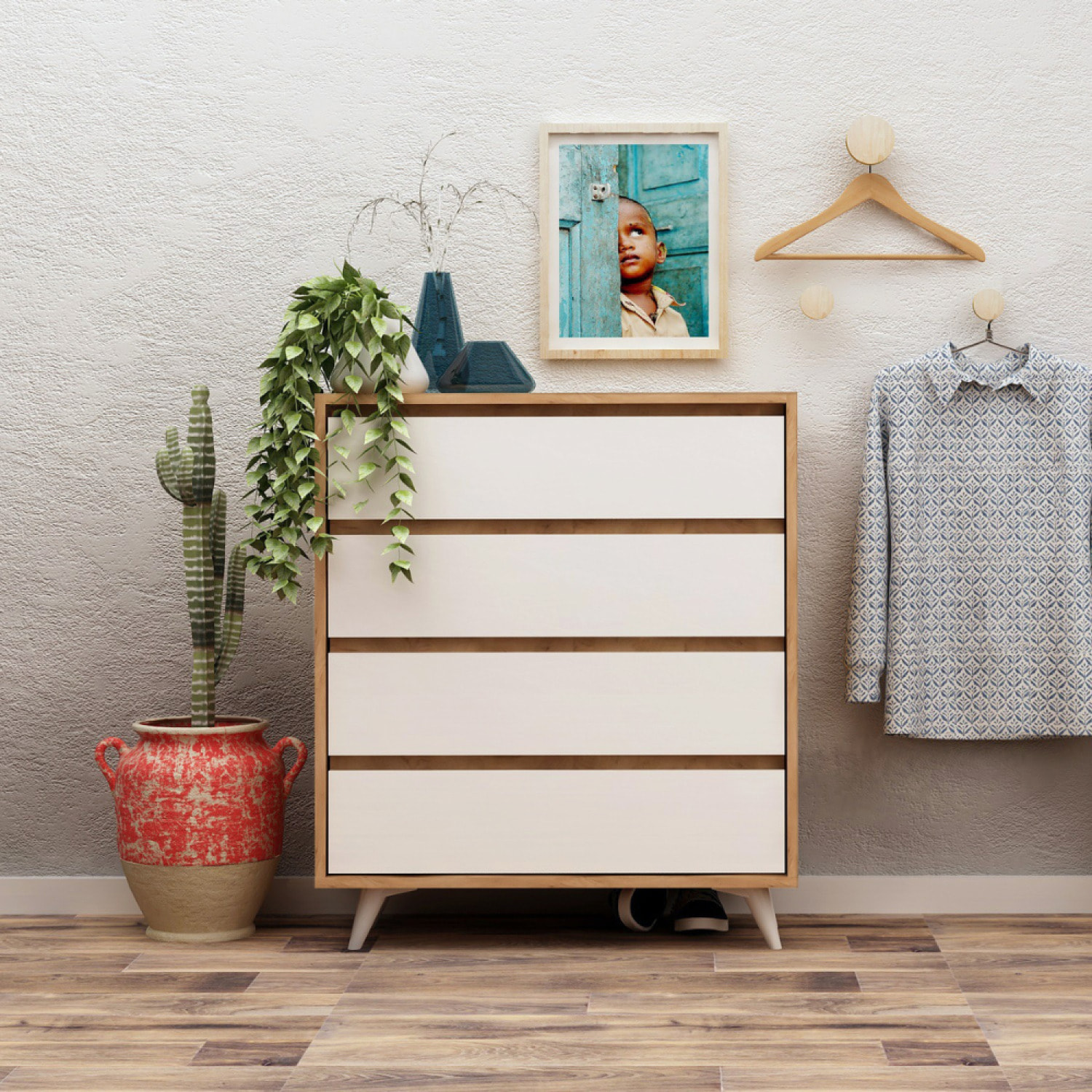 CASABLANCA - Commode à 4 tiroirs bois et blanc