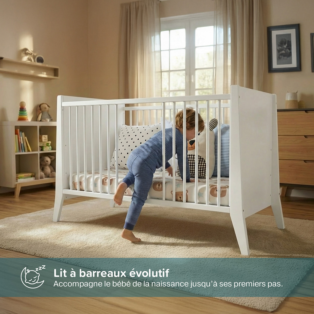Lit Evolutif Timéo à barreaux 60 x 120 cm, Blanc, en Bois, 3 Hauteurs, Barreaux amovibles