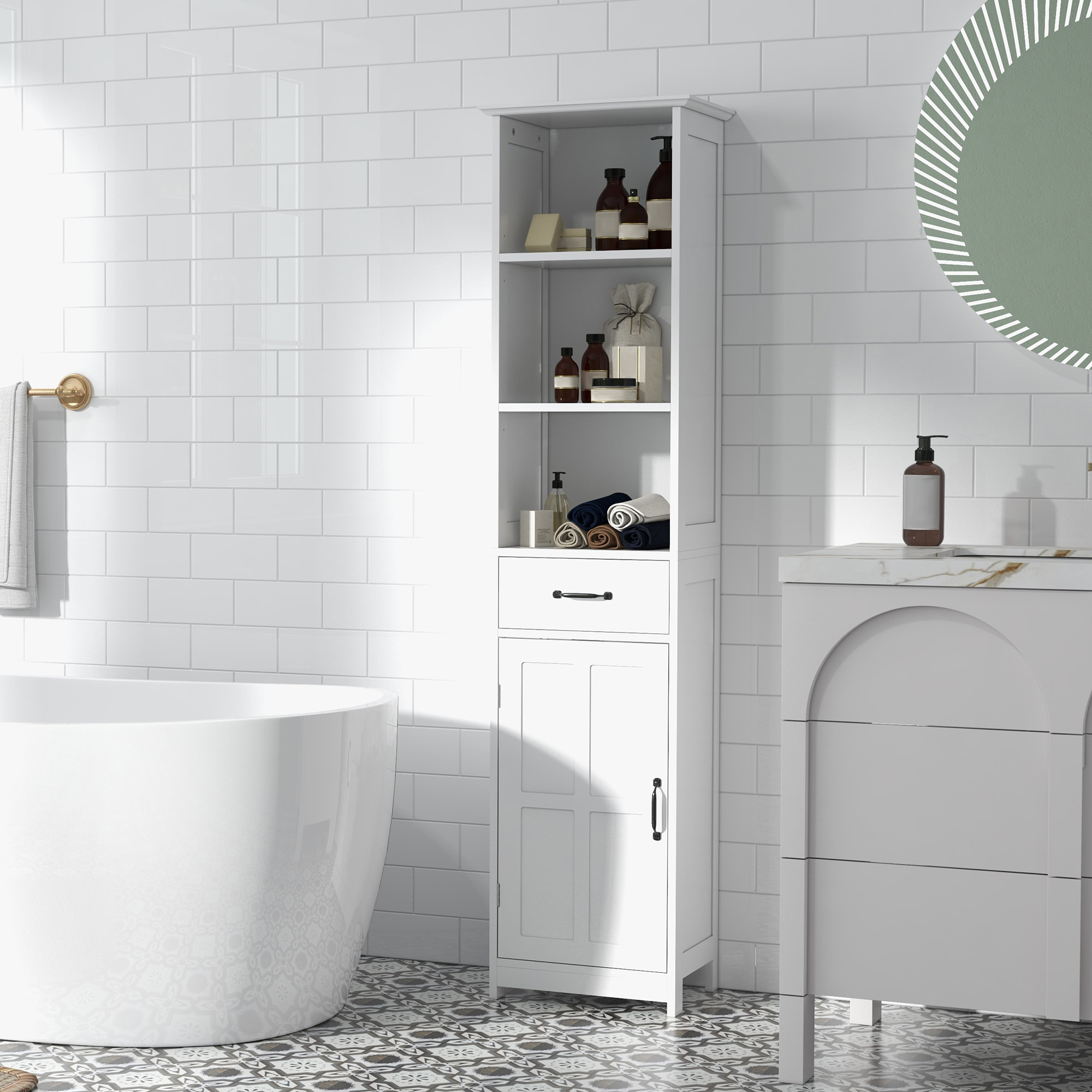 Colonne salle de bain dim. 40 x 30 x 164 cm - porte, étagère, tiroir, 3 niches - blanc