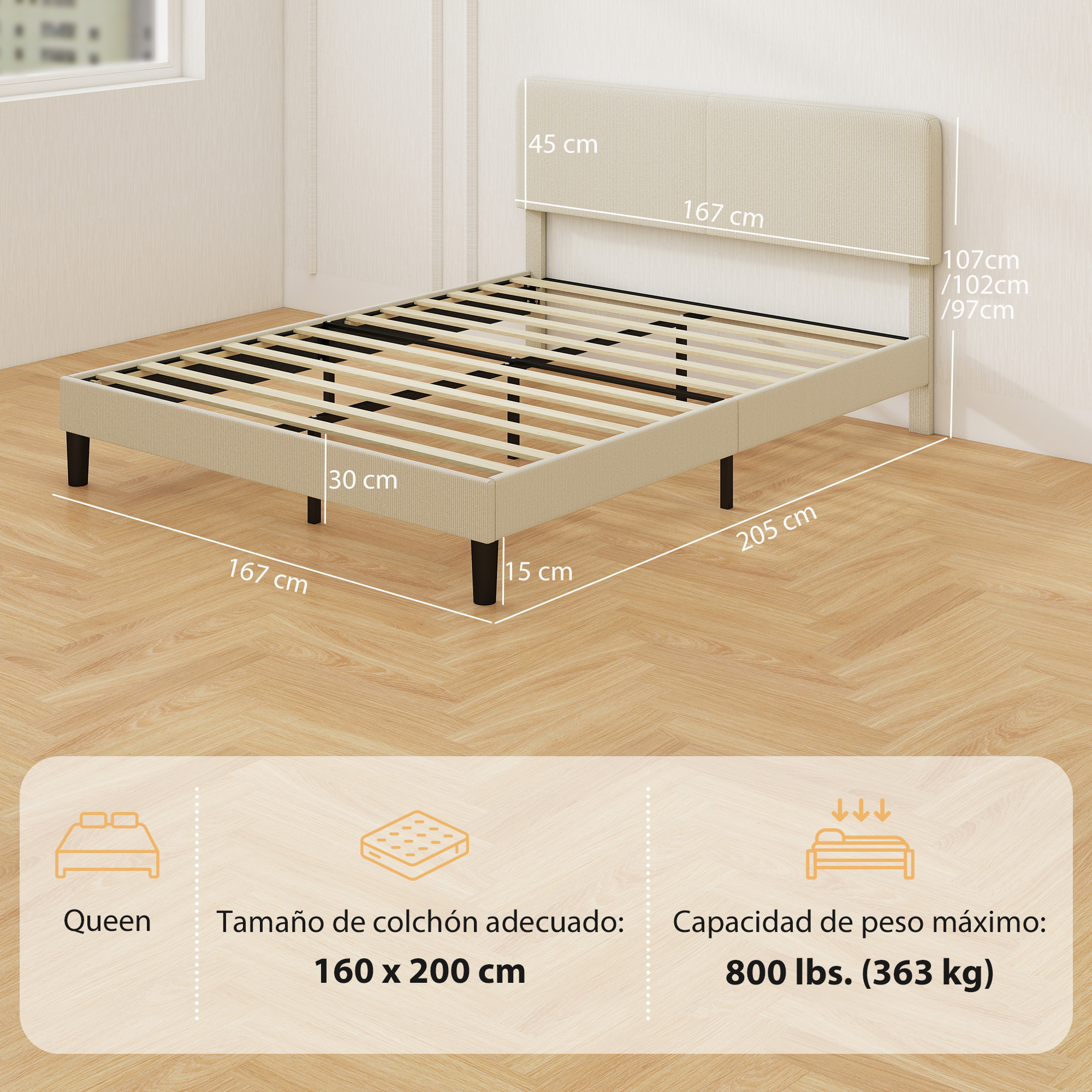 Somier 160x200 cm con Cabecero Ajustable, Estructura de Cama, Tapizado en Pana, Láminas de Madera, Fácil de Montar, Gris Claro