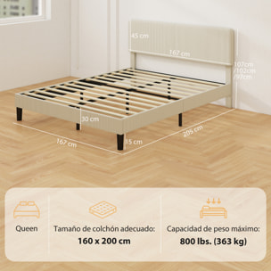 Somier 160x200 cm con Cabecero Ajustable, Estructura de Cama, Tapizado en Pana, Láminas de Madera, Fácil de Montar, Gris Claro