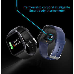 Smartwatch QS16 con termómetro corporal, monitor de tensión y O2. 24 modos deportivos, notificaciones de apps.