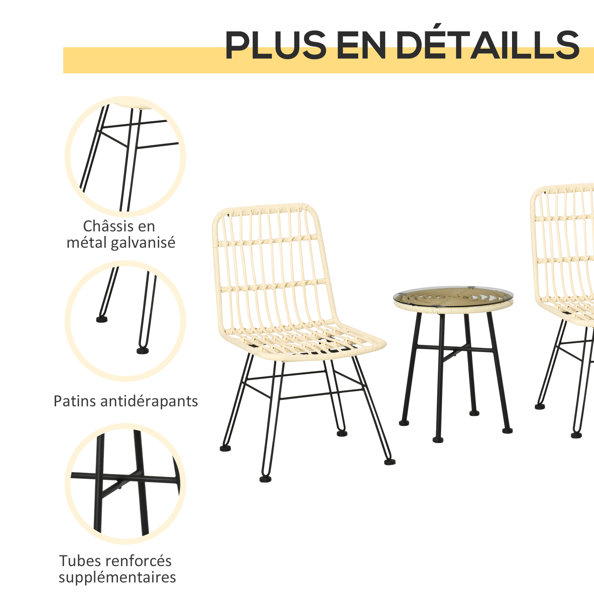 Ensemble bistro de jardin 2 places 3 pièces style exotique 2 chaises + table basse ronde métal époxy noir résine tressée beige