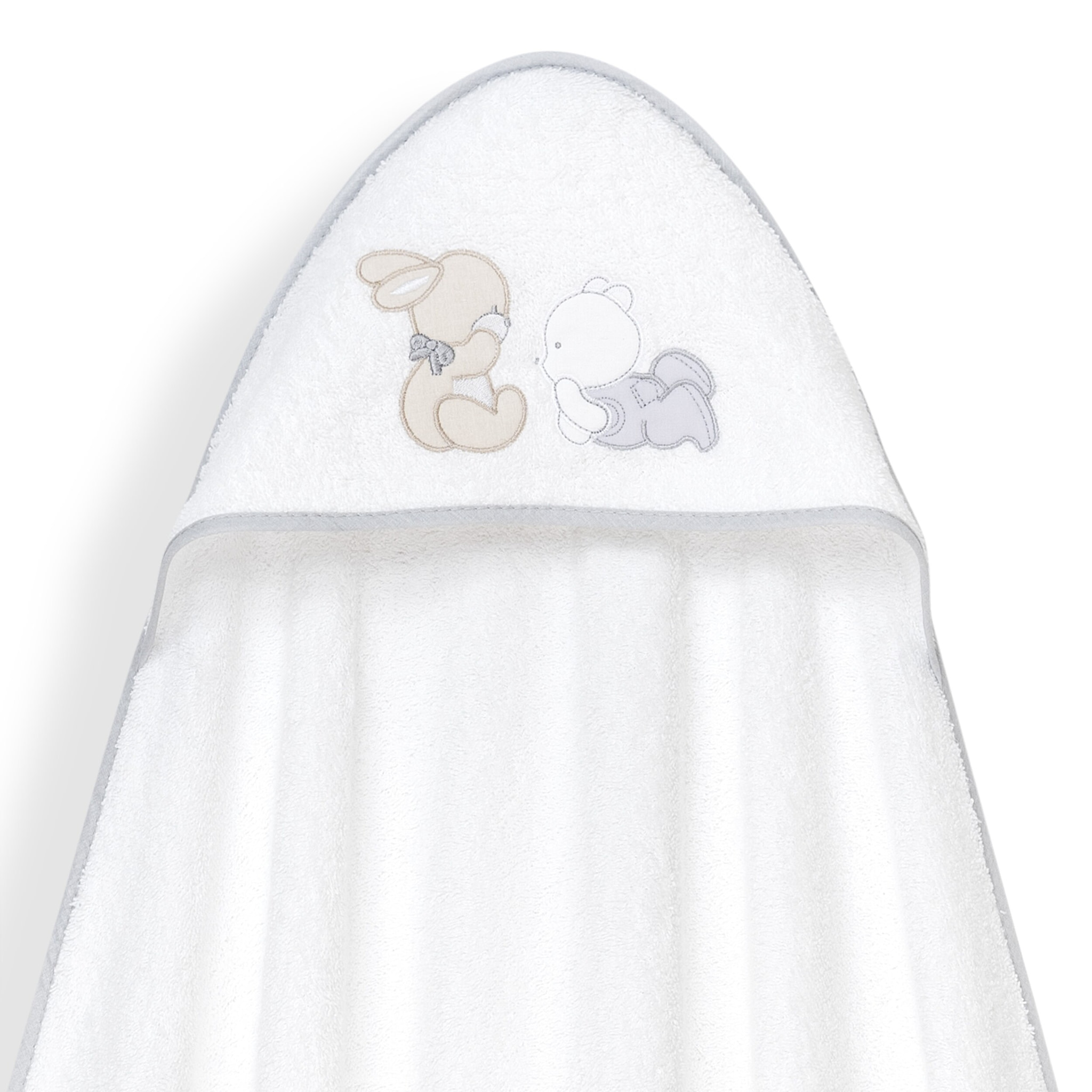 Capa Baño 1X1 Mod Oso Tumbado Conejito+Gorro Bco/Gris