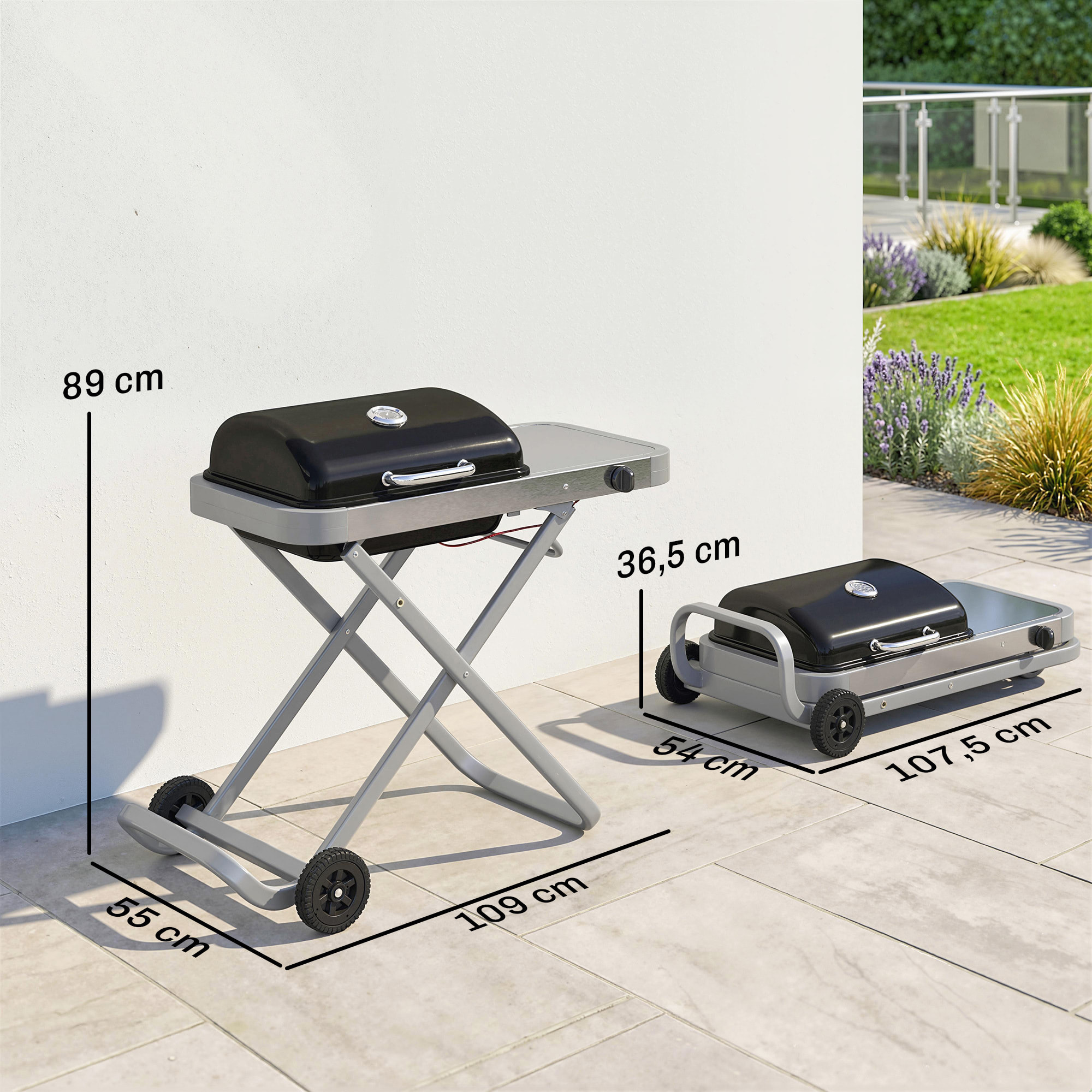 Outsunny Barbacoa de Gas Plegable, BBQ Gas con Quemador 2,5 kW, Barbacoa Portátil con Termómetro, Mesa Lateral, Parrilla de Hierro Fundido, Recogedor Grasa y 2 Ruedas para Jardín, Camping, Negro