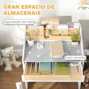 Juego de Escritorio y Silla para Niños de +3 Años Pupitre Infantil con Cajón Extraíble y Compartimento para Dormitorio Sala Estudio Gris y Blanco