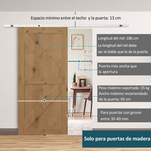 HOMCOM Herraje para Puerta Corredera 186 cm Kit de Accesorios para Puerta Corrediza de Madera con Riel de Metal y 2 Poleas Plateado