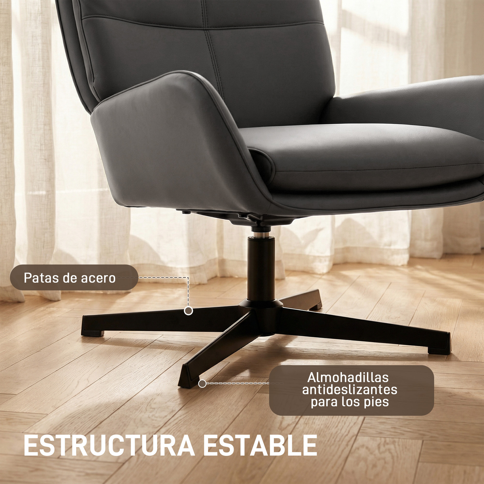 Sillón Giratorio, Butaca de Salón Tapizado en PU, Sillón Lectura con Asiento Acolchado, Reposabrazos, Patas Metálicas, para Sala de Estar, Dormitorio, Gris