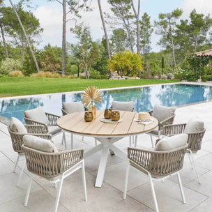 Table de jardin ronde "Oriengo" acacia  & blanc 8 places en aluminium traité époxy