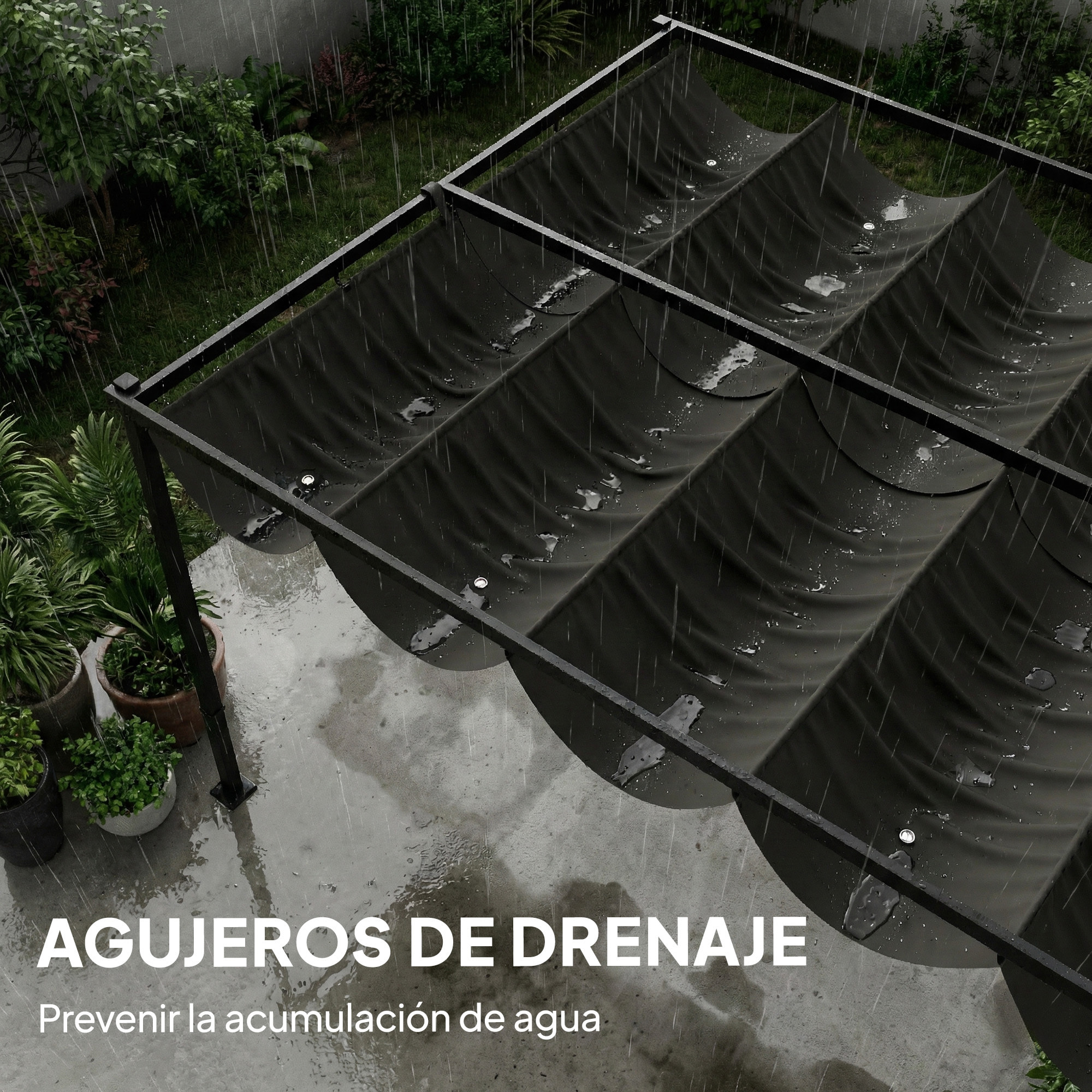Pérgola de Jardín 4x3 m con Techo Retráctil y 2 Paneles de Privacidad Fijos, Cenador de Jardín con Protección UPF50+, Drenaje, Estructura Metálica, Pabellón para Exterior, Gris Oscuro