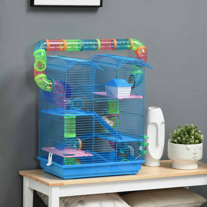 Cage pour hamster souris petits animaux rongeur avec tunnel mangeoire roue jouet 47 x 30 x 59 cm cm bleu