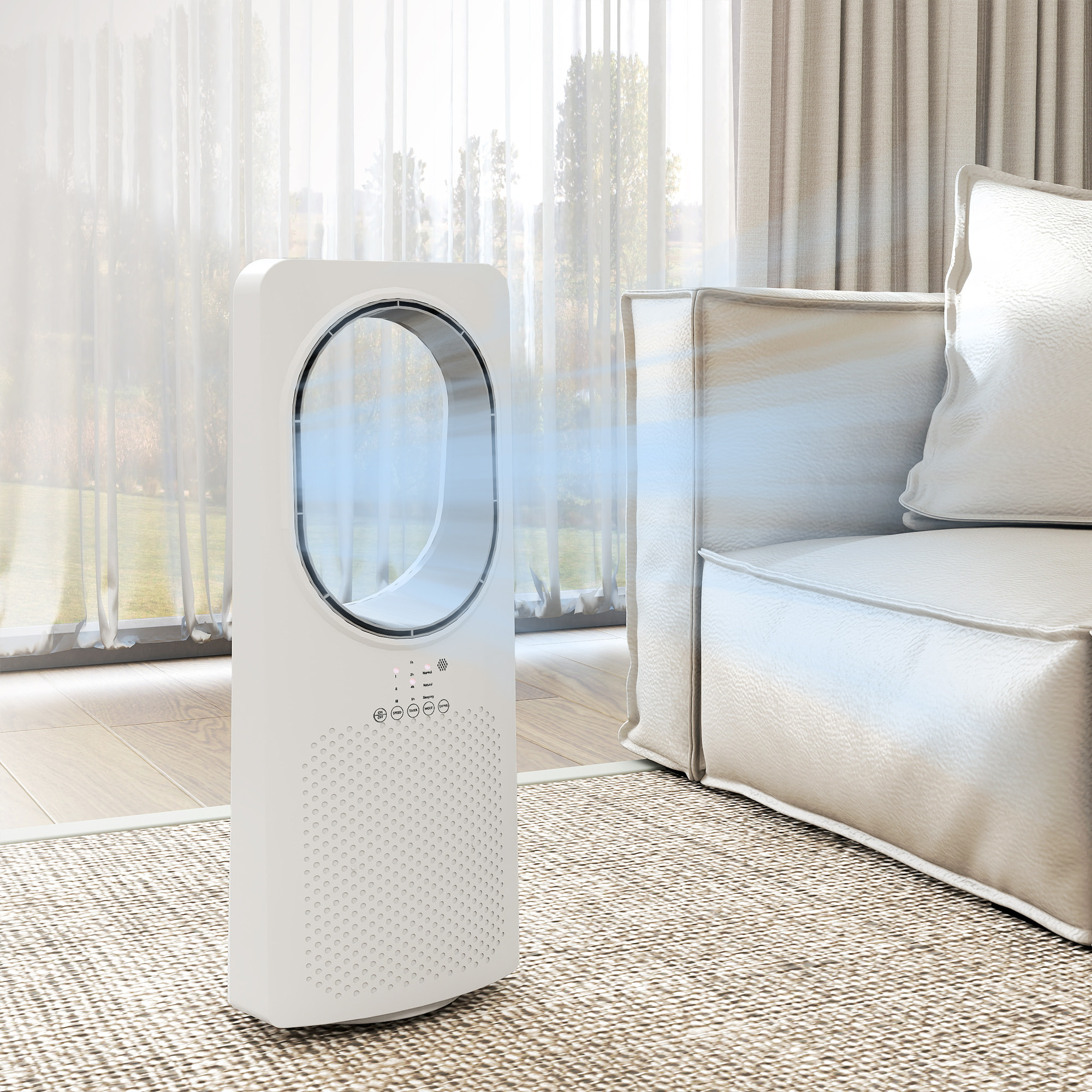 Ventilador de Torre Silencioso 36dB, Ventilador sin Aspas con Mando a Distancia, Oscilación 45°, 3 Velocidades, 3 Modos, Temporizador 15H, para Dormitorio, Blanco