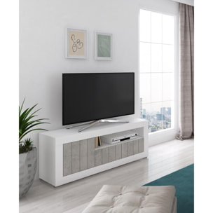 Mobile da soggiorno porta TV, Madia con scaffali e ripiani, Porta TV da salotto, cm 137x42h56, colore Bianco e Cemento