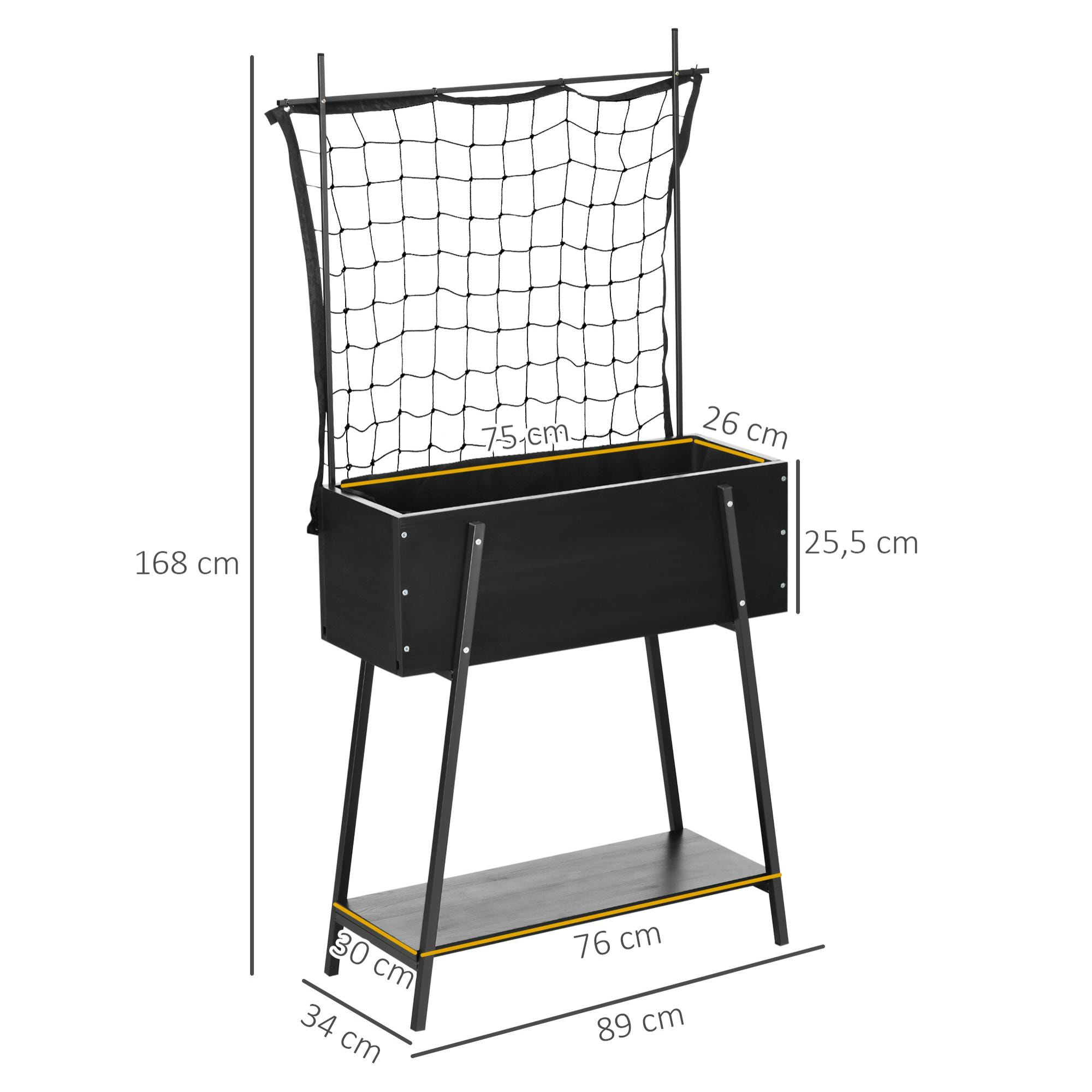 Jardinière sur pieds avec treillis filet - étagère, inserts d'irrigation - châssis métal époxy noir bois sapin noir