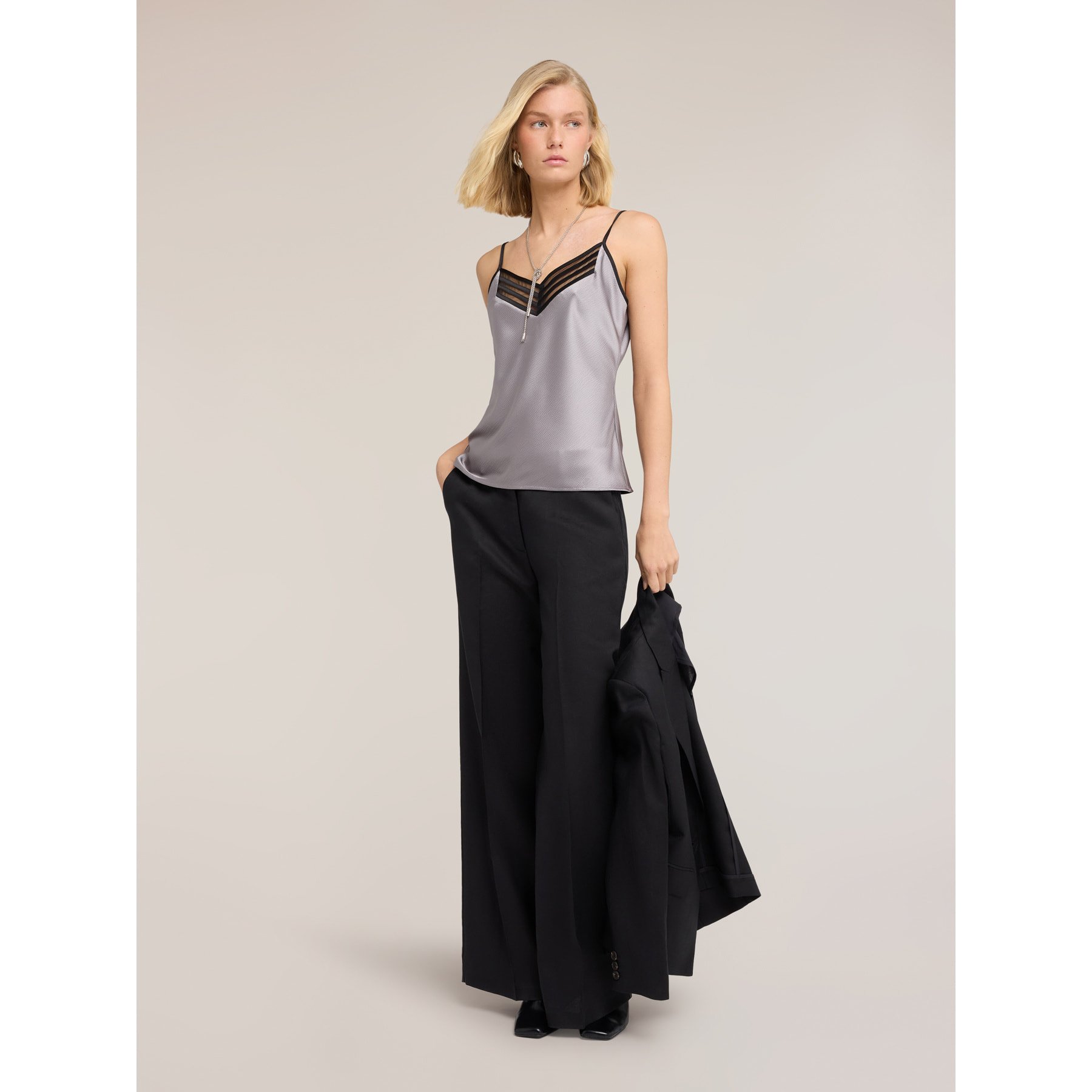 Motivi - Top in raso con bordo in tulle - Grigio