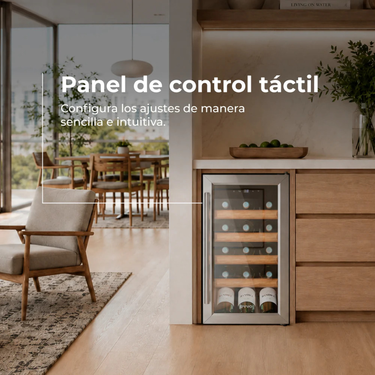 EVVO Vinoteca para 15 botellas VT15 Inox, compresor de alto rendimiento, 5–18ºC regulable, silenciosa 41 dB, panel táctil, luz LED interior