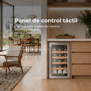 EVVO Vinoteca para 15 botellas VT15 Inox, compresor de alto rendimiento, 5–18ºC regulable, silenciosa 41 dB, panel táctil, luz LED interior
