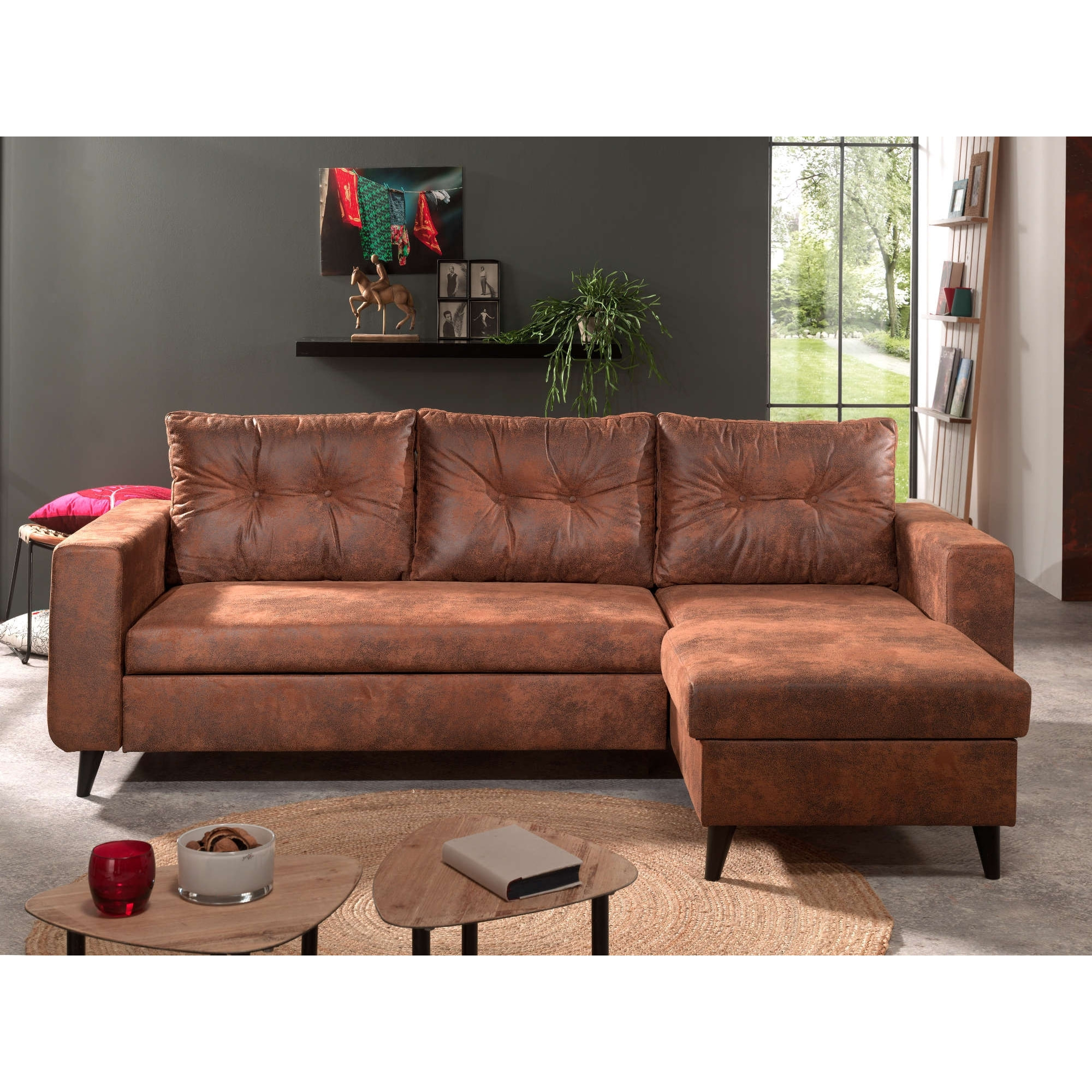 NORDIC - Canapé d'angle réversible - 4 places - Convertible - Industriel vintage - Marron