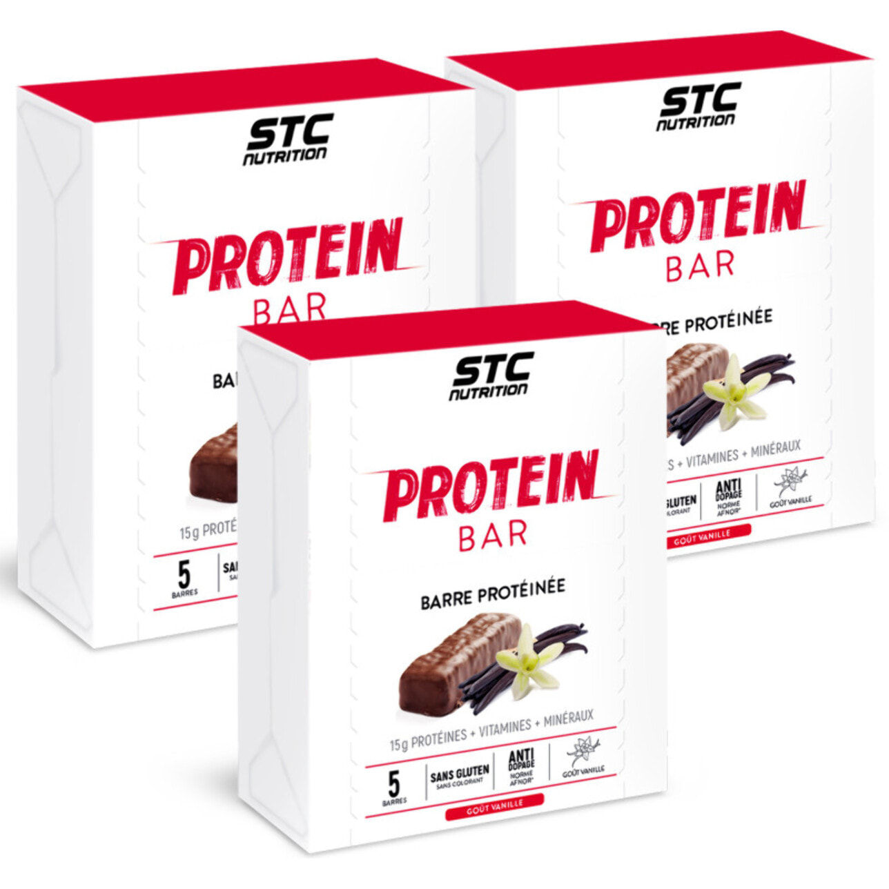 STC Nutrition - Protein Bar Vanille - 15 g de Protéines par Barre + Vitamines & Minéraux - En-Cas Protéiné - Lot de 3 Étuis de 5 Barres x 45 g