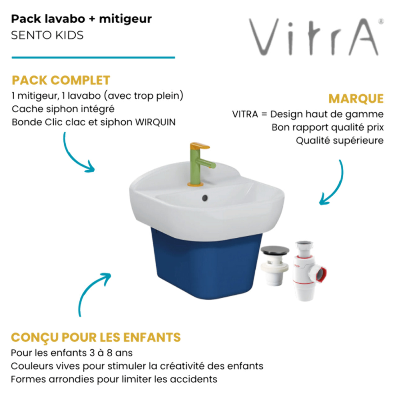Lavabo pour enfant VITRA Sento Kids 45 cm + cache siphon bleu + Mitigeur lavabo Sento Kids + siphon et bonde WIRQUIN