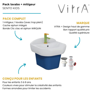 Lavabo pour enfant VITRA Sento Kids 45 cm + cache siphon bleu + Mitigeur lavabo Sento Kids + siphon et bonde WIRQUIN