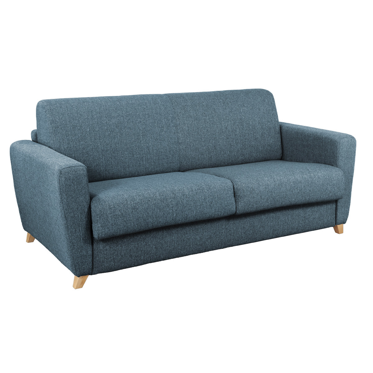 Canapé convertible 3 places en tissu bleu et bois clair avec matelas L140 cm 12 cm GRAHAM