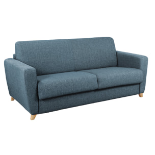 Canapé convertible 3 places en tissu bleu et bois clair avec matelas L140 cm 12 cm GRAHAM