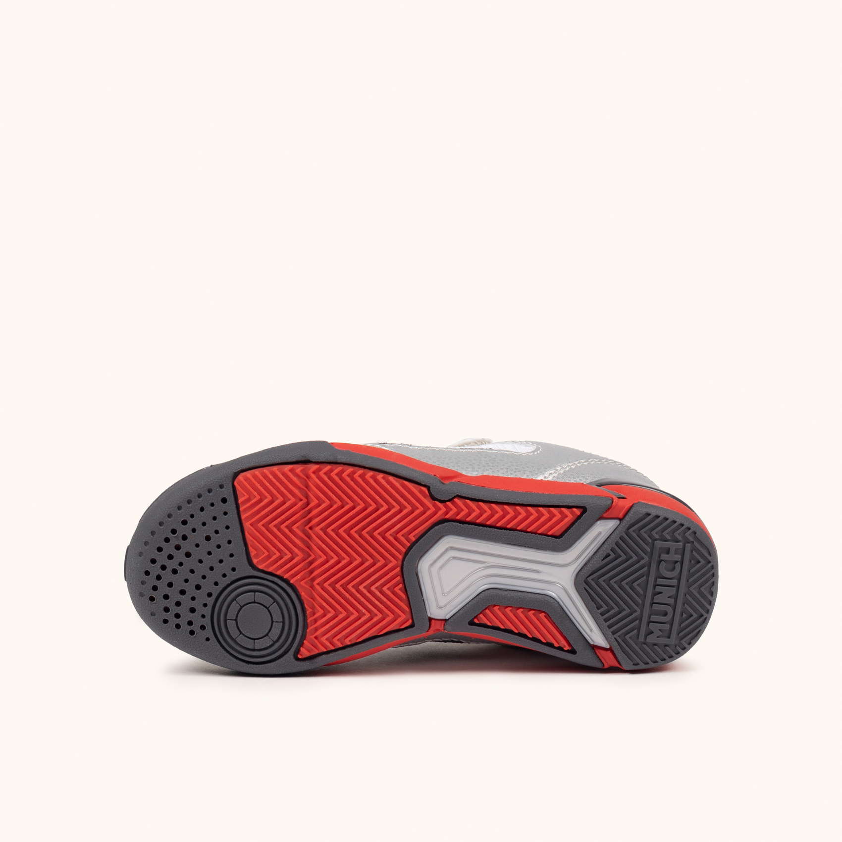 Zapatillas de fútbol sala infantiles con velcro en gris metalizado y rojo MUNICH ONE KID VCO 79
