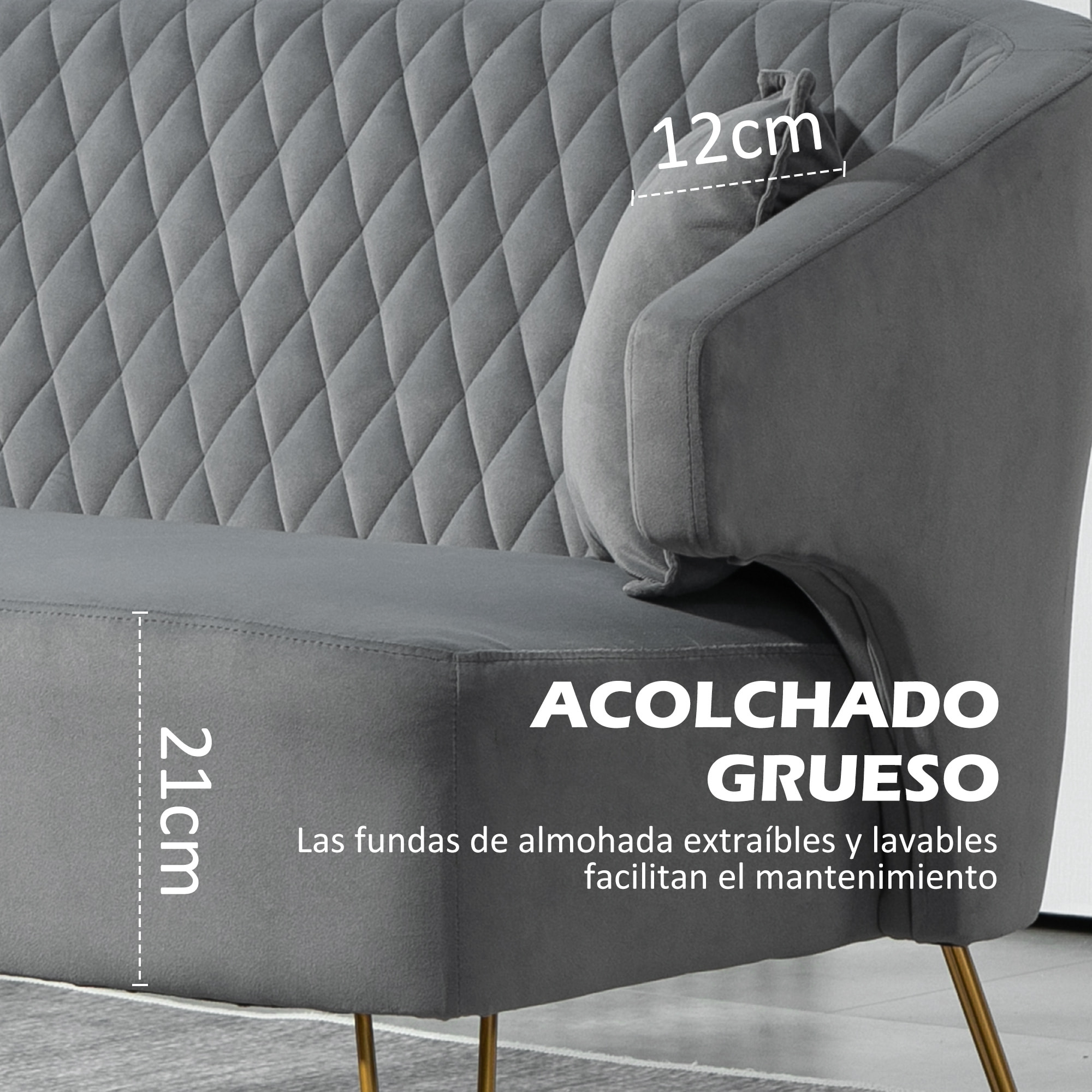 Sofá de 2 Plazas Tapizado en Terciopelo Sofá de Salón con 2 Almohadas Reposabrazos y Patas de Acero Doradas Sofá Pequeño Carga 240 kg para Dormitorio Oficina 124x69x76 cm Gris