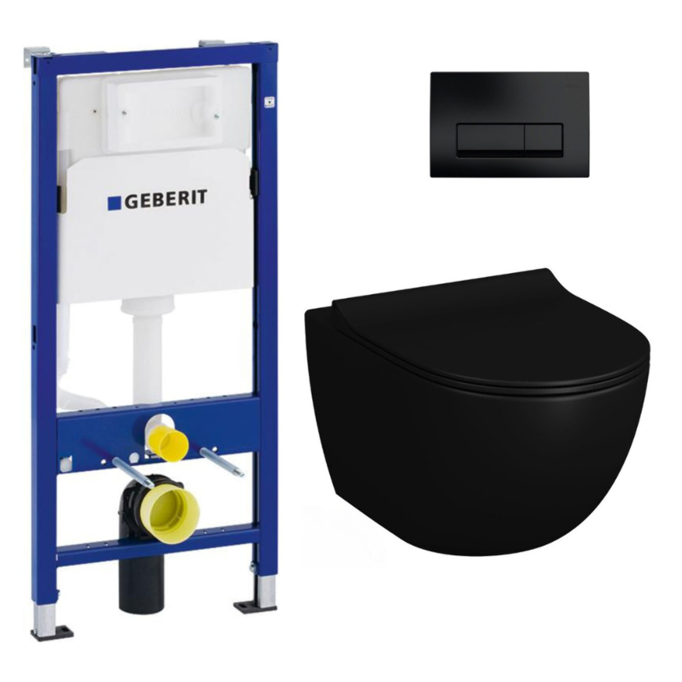 Pack WC Bati-support Geberit Duofix + WC sans bride Vitra SENTO noir mat + Abattant frein de chute + Plaque noire (BlackSentoGeb