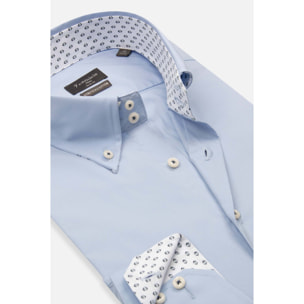 Camicia Uomo 2 Bottoni Button Down Slim Popeline Stretch Unito Celeste