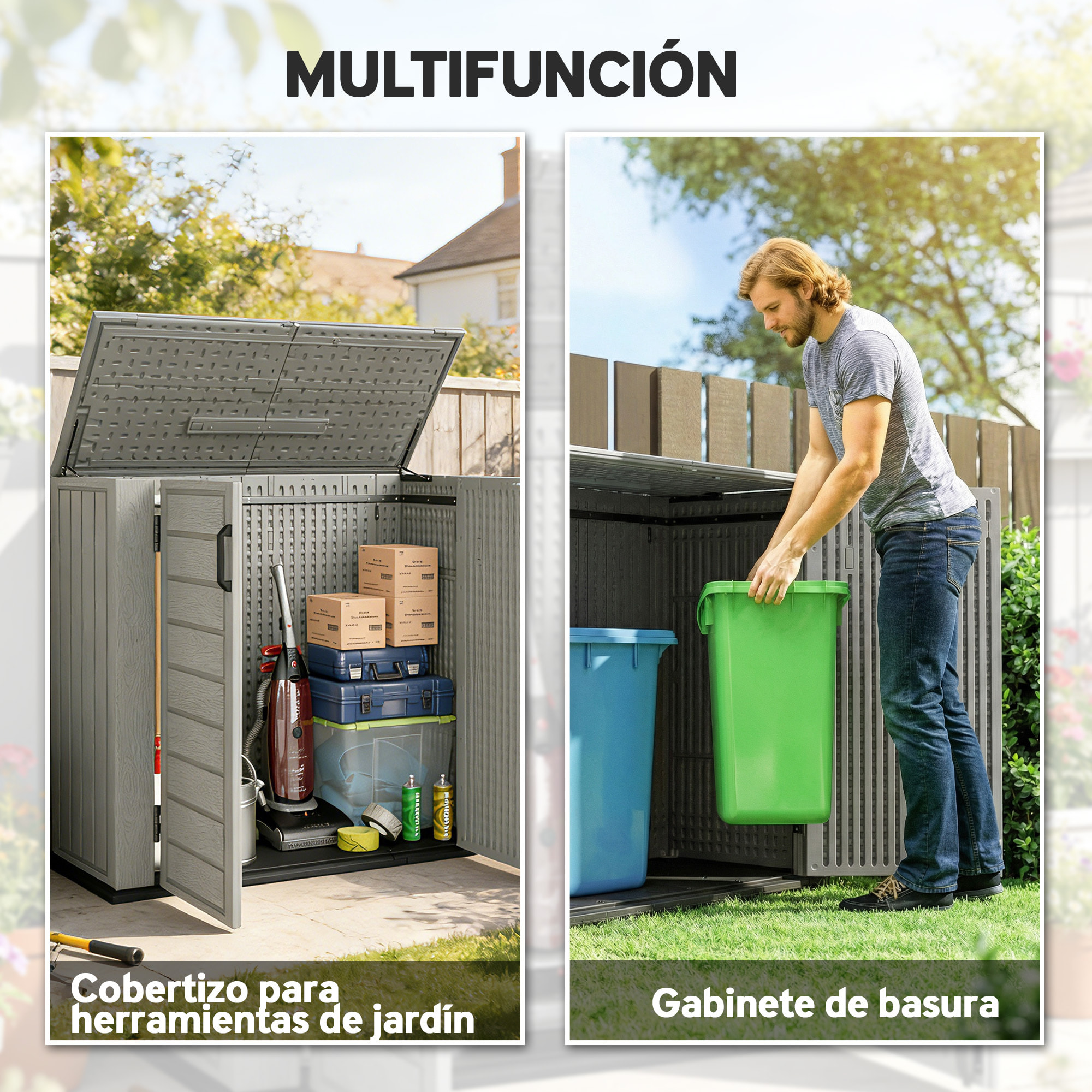 Armario de Exterior de HDPE, 940L, Caseta de Jardín Exterior con Tapa Abatible, 2 Puertas, Cerradura, Cobertizo de Jardín para Almacenaje Herramientas, 142x67x119 cm, Gris Claro