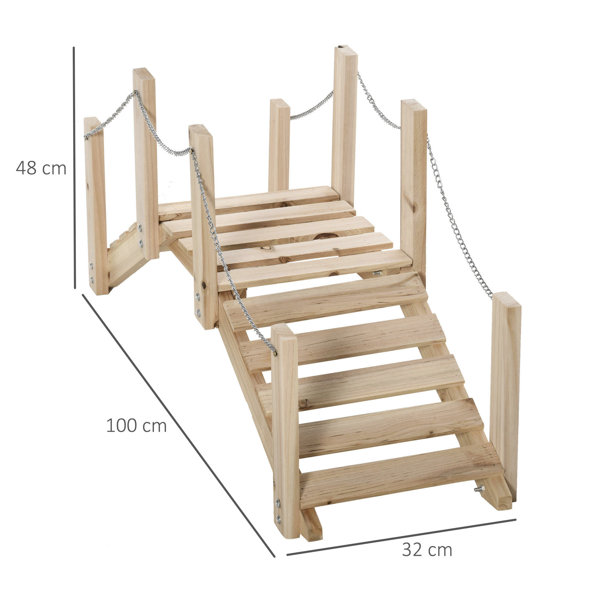 Puente de Jardín de Madera con Pasamanos de Cadenas Metálicas Puente Decorativo para Estanque Carga 5 kg para Decoración Patio 100x32x48 cm Madera Natural