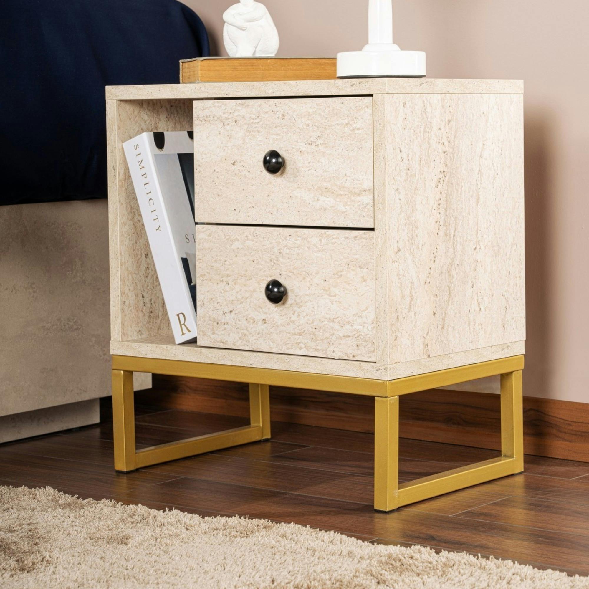 Table de nuit 2 tiroirs, 1 niche - effet travertin JENA