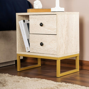 Table de nuit 2 tiroirs, 1 niche - effet travertin JENA