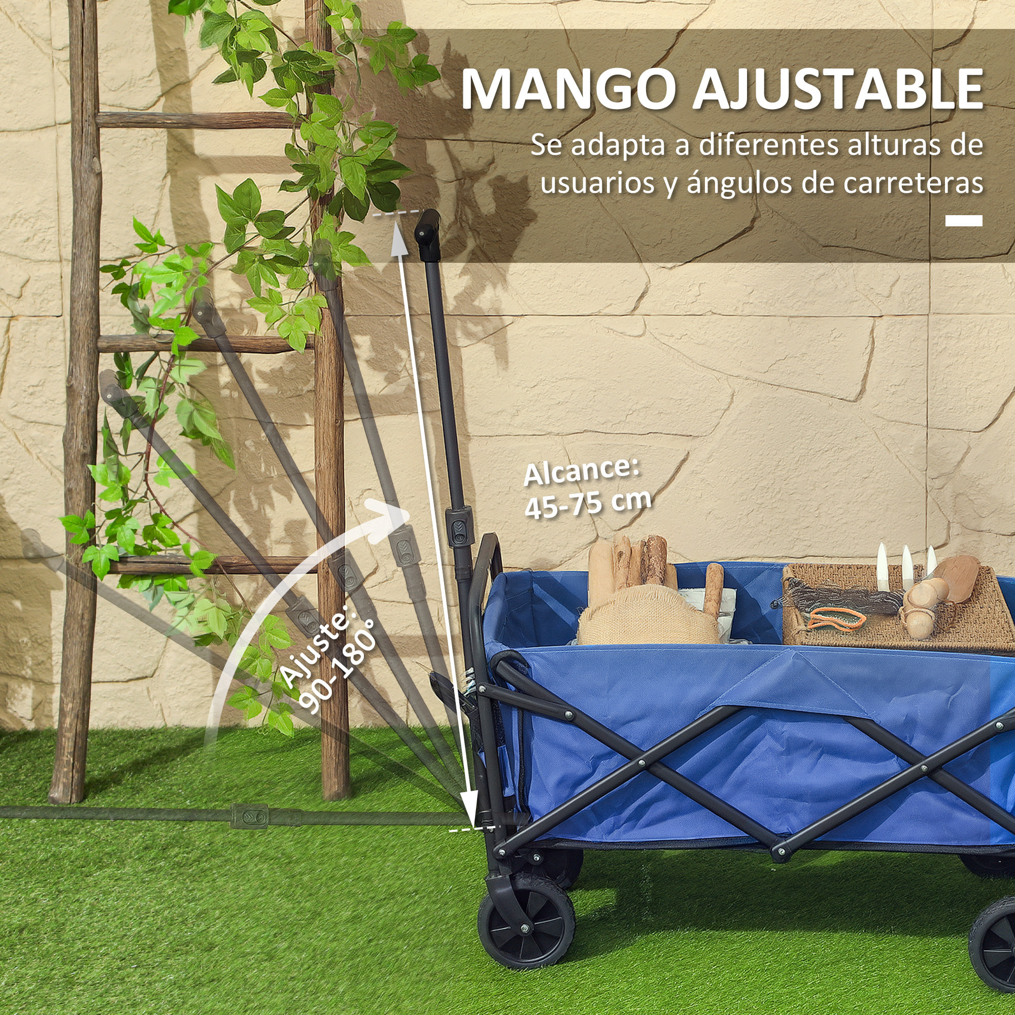 Carro Playa con Ruedas Carro de Jardín Plegable con Asa Telescópica Ajustable 2 Bolsas de Almacenaje Carga 120 kg Carrito Transporte para Todo Terreno Jardín Campaña Compra Azul