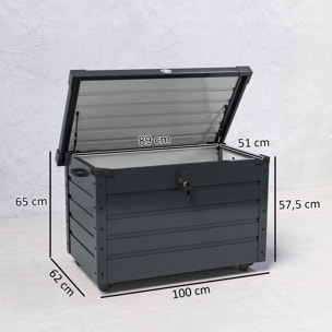 Arcón Exterior Capacidad 295L, Baúl de Almacenaje de Acero Galvanizado con 4 Ruedas, 2 Asas y Tapa con Cerradura, Impermeable, para Jardín, Terraza, Patio, 100x62x65 cm, Gris Oscuro